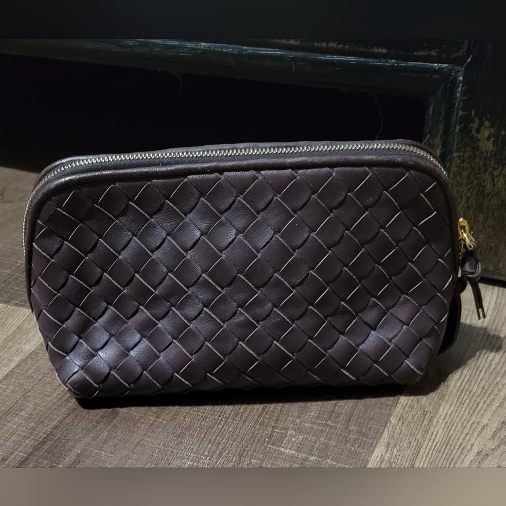 Bottega Veneta Dark Brown Intrecciato Leather Cosmetic Case